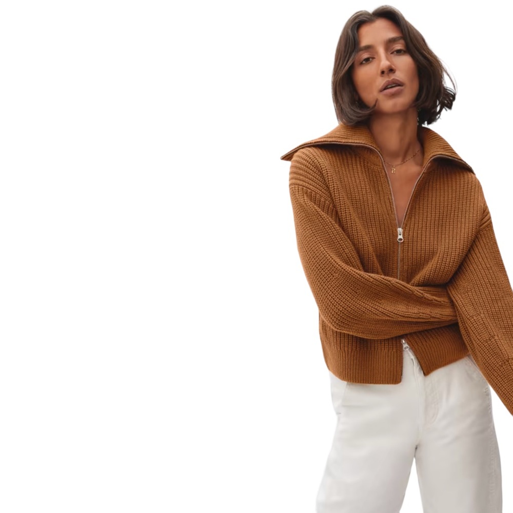 EVERLANE The Chunky Ribbed Cardigan Full Zip Jacket in Toasted Almond